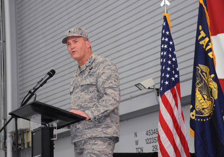 Brig. Gen. Michael Stencel, Adjutant General for Oregon, address the Airmen of the 142nd Fighter Wing, coworkers and families during the demobilization ceremony for the 123rd Expeditionary Fighter Squadron, 142nd Fighter Wing, Nov. 6, 2015, Portland Air National Guard Base, Ore. (U.S. Air National Guard photo by Tech. Sgt. John Hughel, 142nd Fighter Wing Public Affairs/Released)