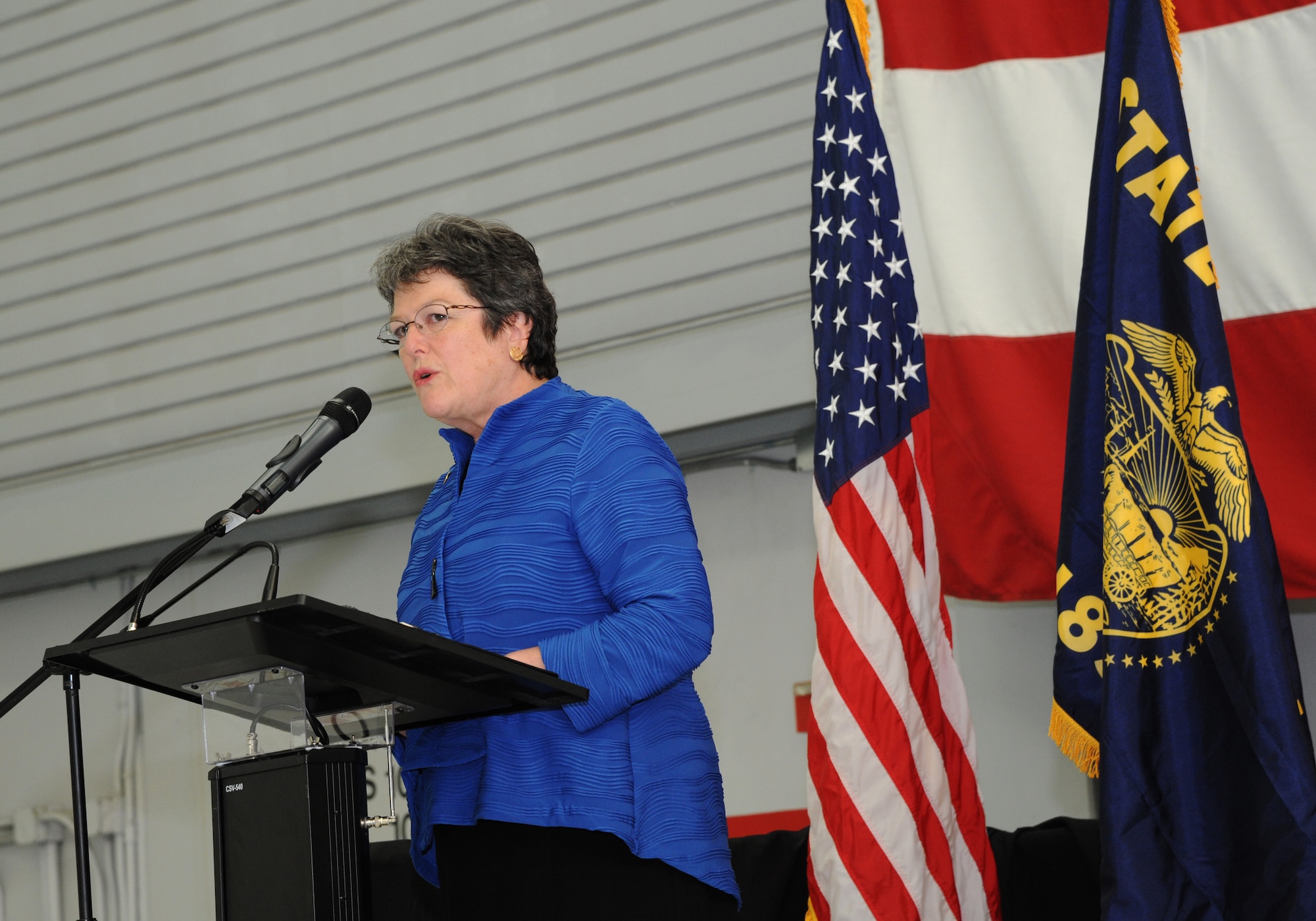 Oregon Secretary of State Jeanne Atkins addresses the Airmen of the 142nd Fighter Wing, coworkers and families during the demobilization ceremony for the 123rd Expeditionary Fighter Squadron, 142nd Fighter Wing, Nov. 6, 2015, Portland Air National Guard Base, Ore. (U.S. Air National Guard photo by Tech. Sgt. John Hughel, 142nd Fighter Wing Public Affairs/Released)