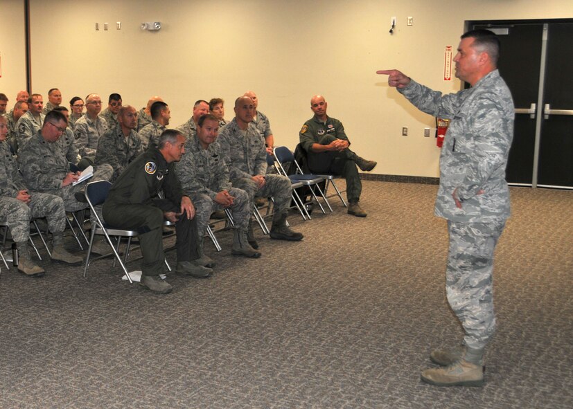 120th Airlift Wing Combined Federal Campaign Officer Maj. Rick Anderson points out the benefits of participating in the 2015 Combined Federal Campaign. The local campaign to collect charitable contributions began Nov. 6 and will run through Dec. 6, 2015. (U.S. Air National Guard photo by Senior Master Sgt. Eric Peterson)
