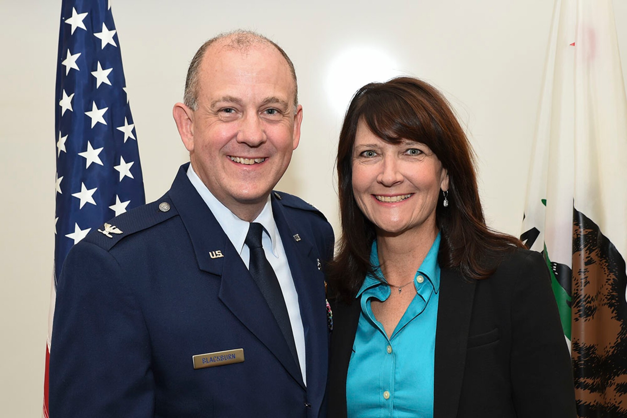 U.S. Air Force  Col. John Blackburn the 144th Medical Group commander and his wife, Susan, Oct. 29, 2015, after his promotion ceremony held at the Fresno Air National Guard Base. (Air National Guard photo by Senior Master Sgt. Chris Drudge)