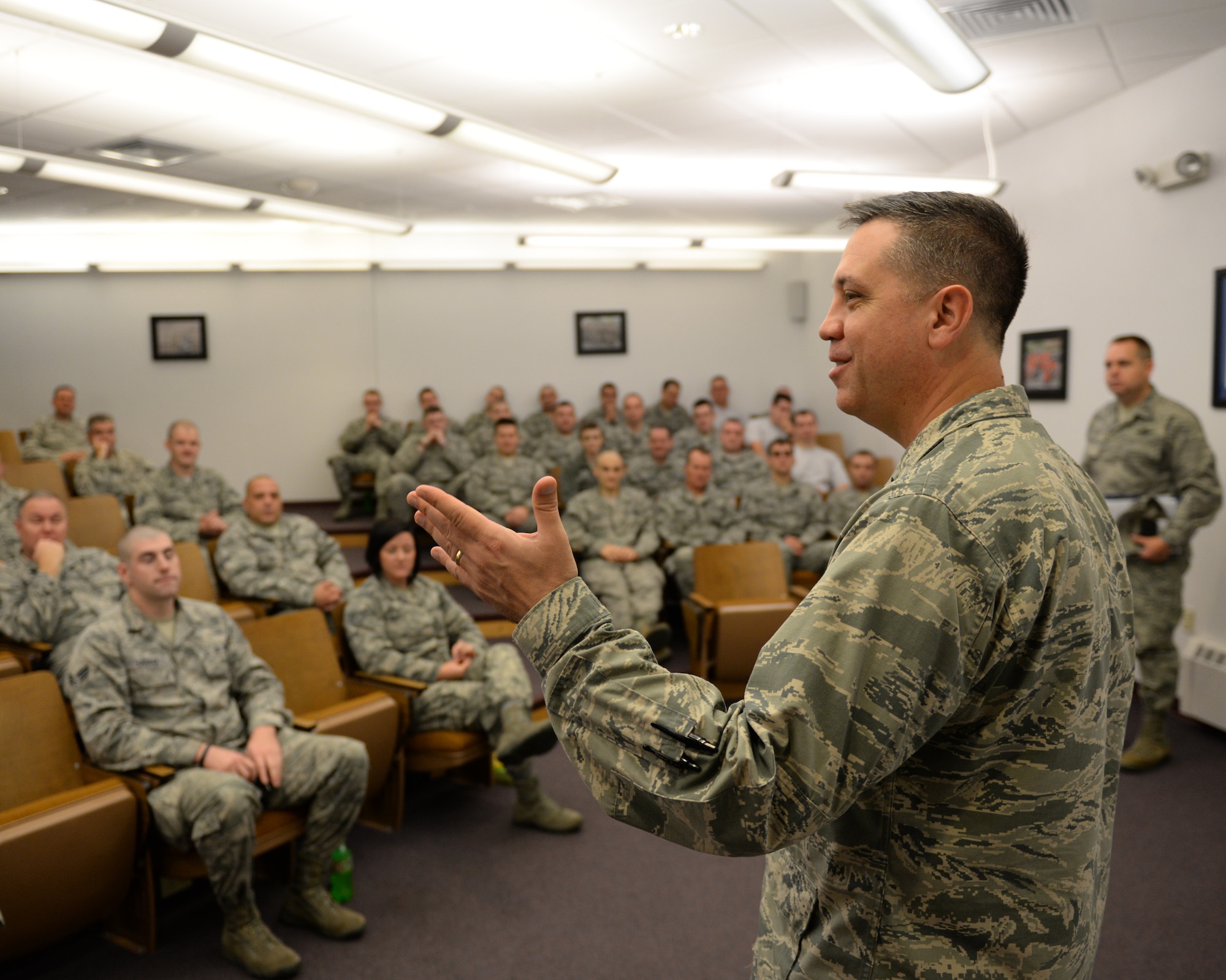 U.S. Air Force Brig. Gen. Michael. R. Taheri, commander Air National Guard Readiness Center at Joint Base Andrews, Maryland, speaks to Airmen in the 260th Air Traffic Control Squadron during a base visit to Pease Air National Guard Base, New Hampshire, Nov. 7, 2015. (U.S. Air National Guard photo by Staff Sgt. Curtis J. Lenz)