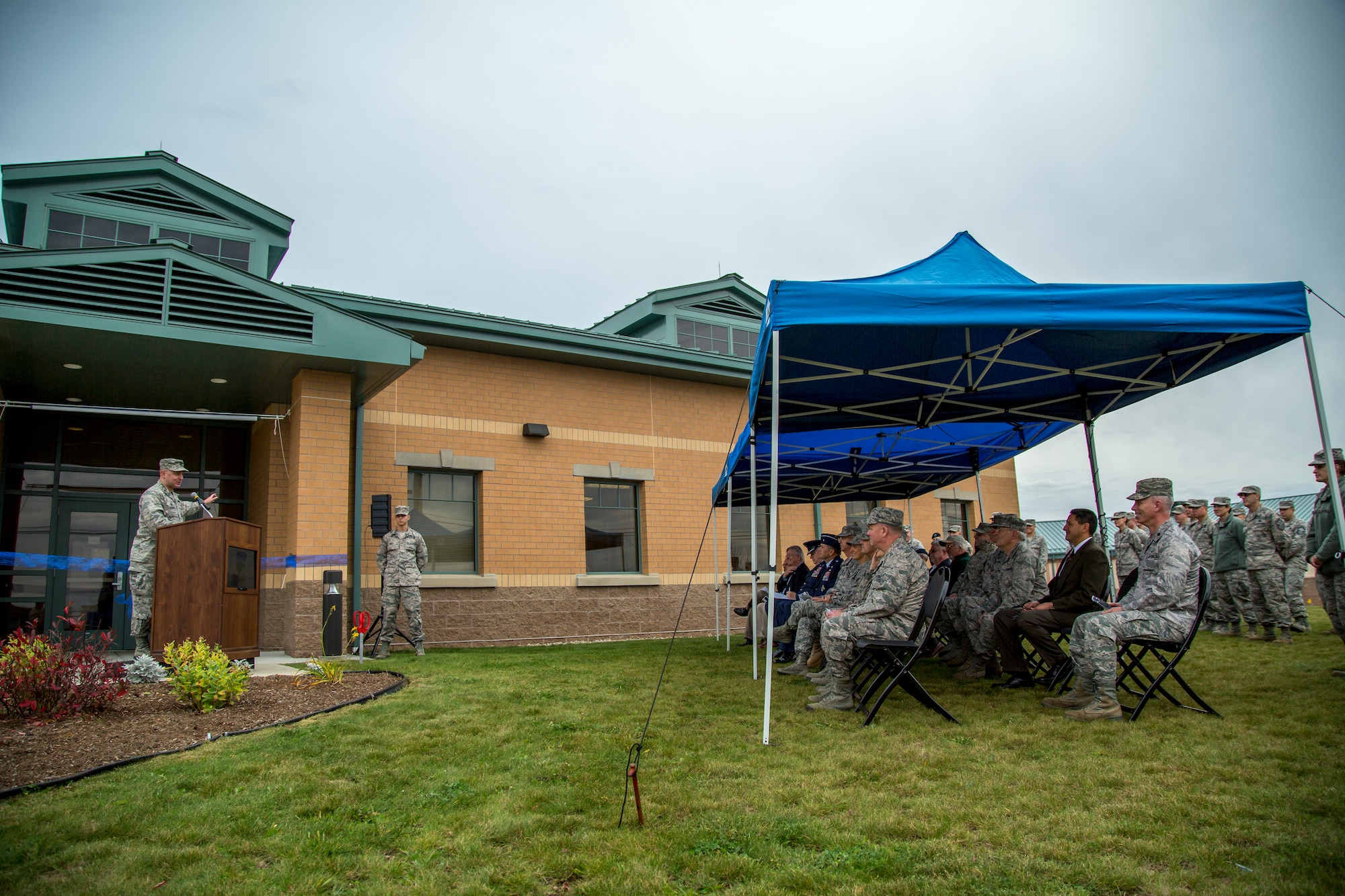 Col. James LeFavor, 102nd Intelligence Wing commander, speaks to members and guests of the 102nd at a ribbon-cutting ceremony November 7, 2015 at Otis Air National Guard Base, Massachusetts. The 102nd opened a state-of-the-art intelligence facility as part of its weapon system, the Distributed Common Ground Station. The DCGS has been a part of the Intelligence, Surveillance, and Reconnaissance mission of the 102nd since December 2009. (Air National Guard photo by Staff Sgt. Jeremy Bowcock)