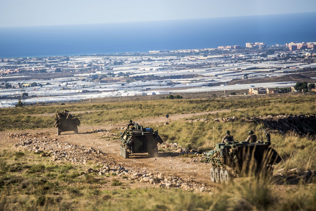 U.S. Marines convoy during exercise Trident Juncture 2015 in Almeria Spain, Oct. 28, 2015. The Marines are assigned to the 4th Light Armored Reconnaissance Battalion, 4th Marine Division.  The simulated exercise taught the Marines each other’s strengths and weaknesses, allowing them to seek improvement as well as build interoperability among the warfighters. U.S. Marine Corps photo by Cpl. Gabrielle Quire