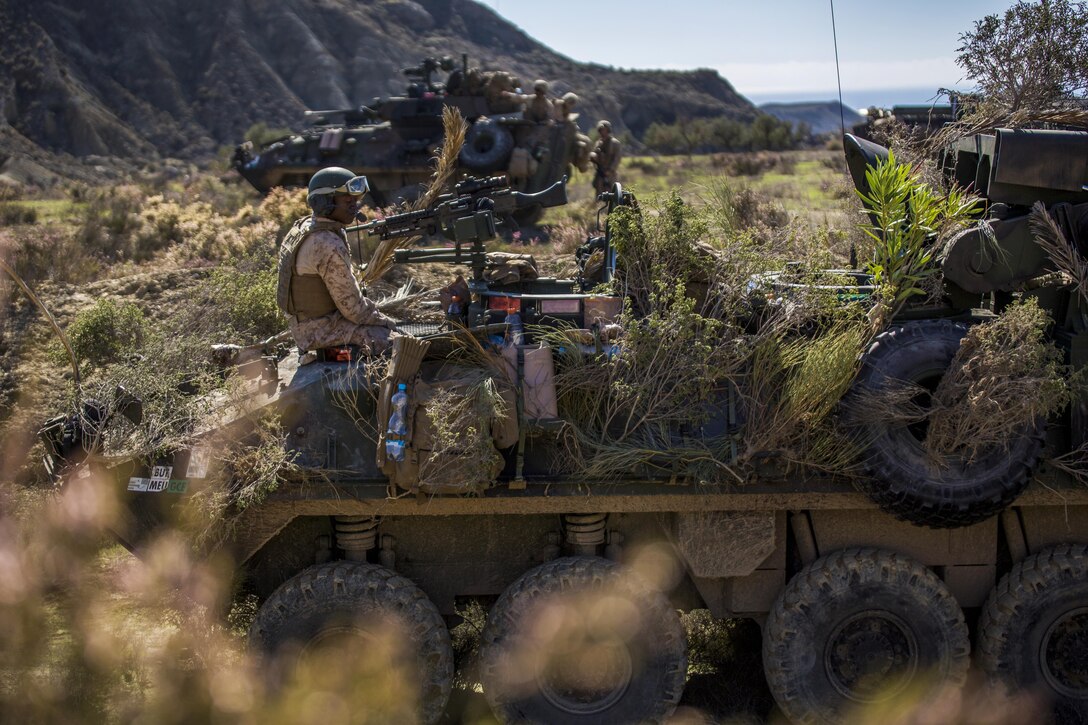 U.S. Marines conceal their light armored vehicle during Trident Juncture 2015 in Almeria, Spain, Oct. 30, 2015. U.S. Marine Corps photo by Cpl. Gabrielle Quire 
