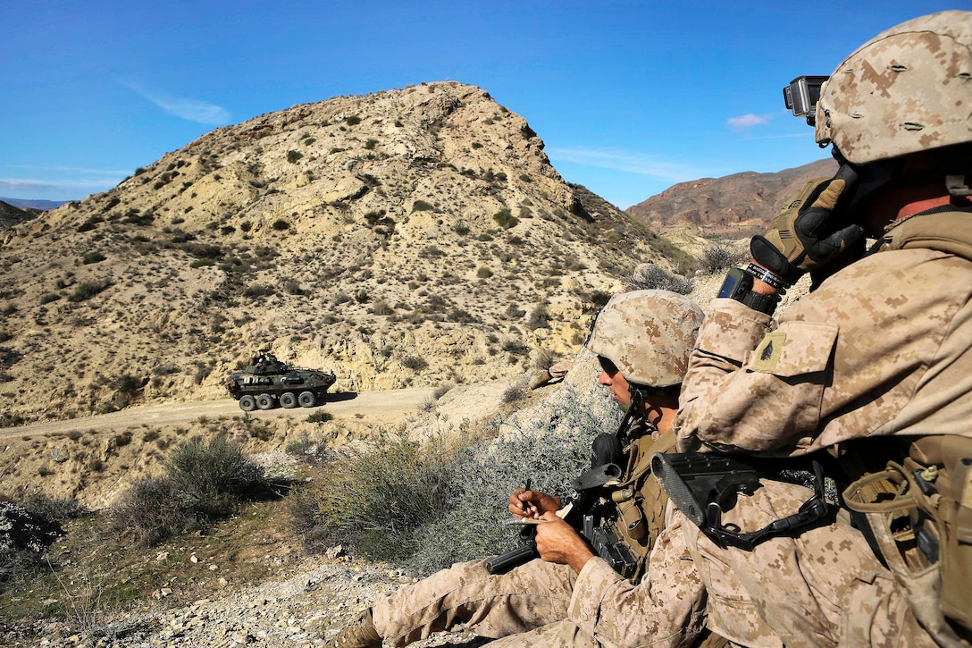 U.S. Marines report the enemy’s position during Trident Juncture 2015 at Alverez de Sotomayor in Almeria, Spain, Oct. 31, 2015. U.S. Marine Corps photo by Sgt. Sara Graham