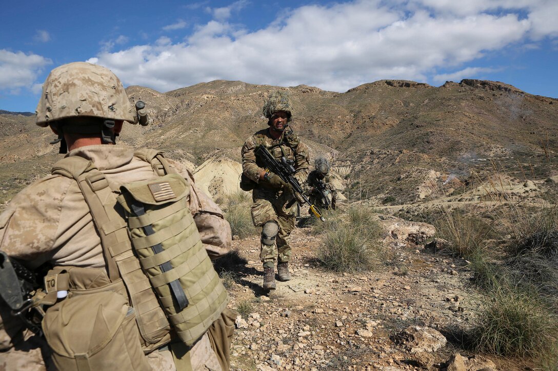Spanish and U.S. Marines conduct field operations against British Marines during Trident Juncture 2015 at Alvarez de Sotomayor in Almeria, Spain, Oct. 31, 2015. U.S. Marine Corps photo by Sgt. Sara Graham