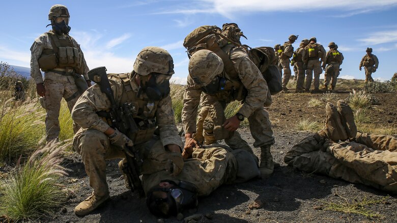 Marines with Kilo Company, 3rd Battalion, 3rd Marine Regiment, pin down a simulated enemy during training exercise Lava Viper, a staple of their pre-deployment training, at Range 10 at Pohakuloa Training Area, Hawaii, Nov. 4, 2015. The purpose of the training was to provide Marines within the company with an opportunity to utilize various tactics and weapons while organizing within the platoons to accomplish a common mission. Lava Viper provides the Hawaii-based Marines with an opportunity to conduct various movements, live-fire and tactical training before departing for Integrated Training Exercise aboard Marine Air-Ground Combat Center Twentynine Palms, Calif., where the battalion will train and be evaluated as a whole.