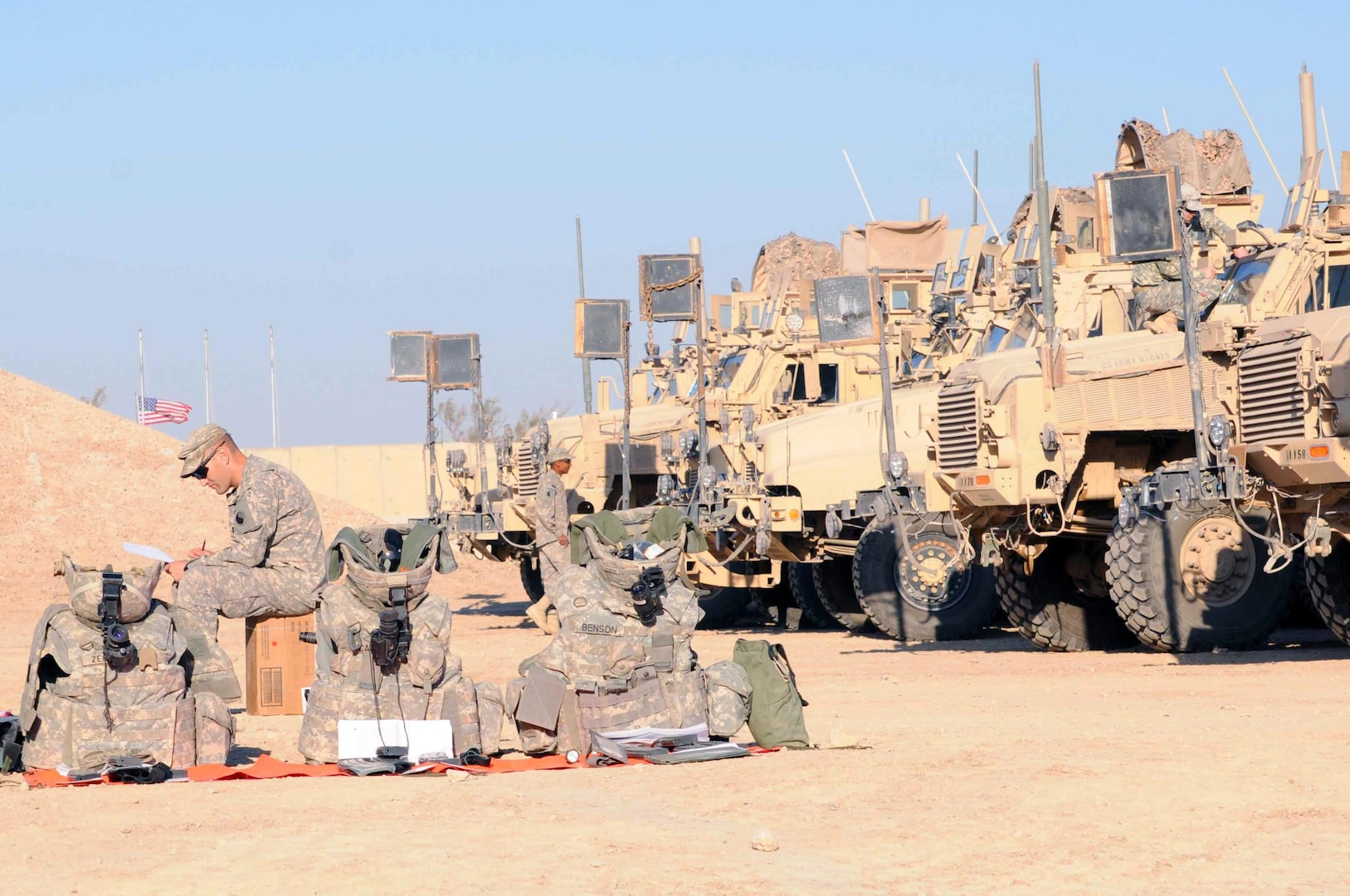 A National Soldier assigned to Able Troop, 2nd Squadron, 183rd Cavalry Regiment of the Virginia Army National Guard, reviews a check list on Contingency Operating Base Adder, Iraq, in preparation for their final convoy out of Iraq, Dec. 2, 2011.