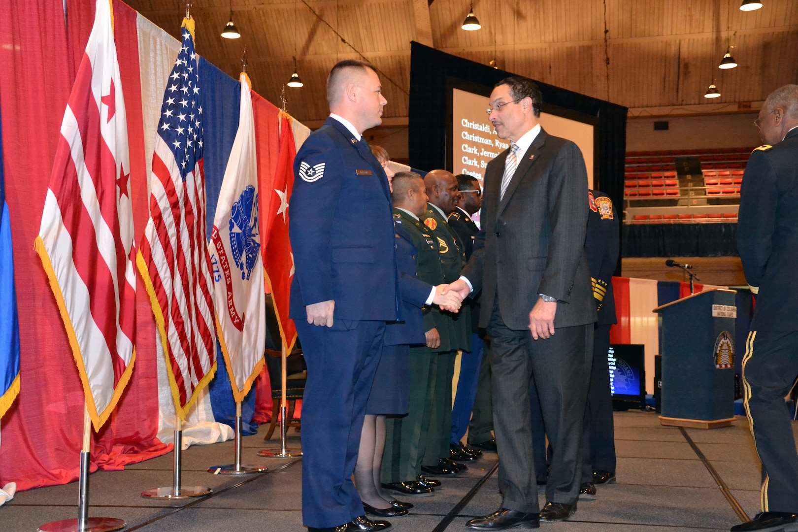 D.C. Mayor Vincent Gray thanks Soldiers and Airman for their service during the D.C. National Guard's Awards and Decorations Ceremony on Dec. 4, 2011.