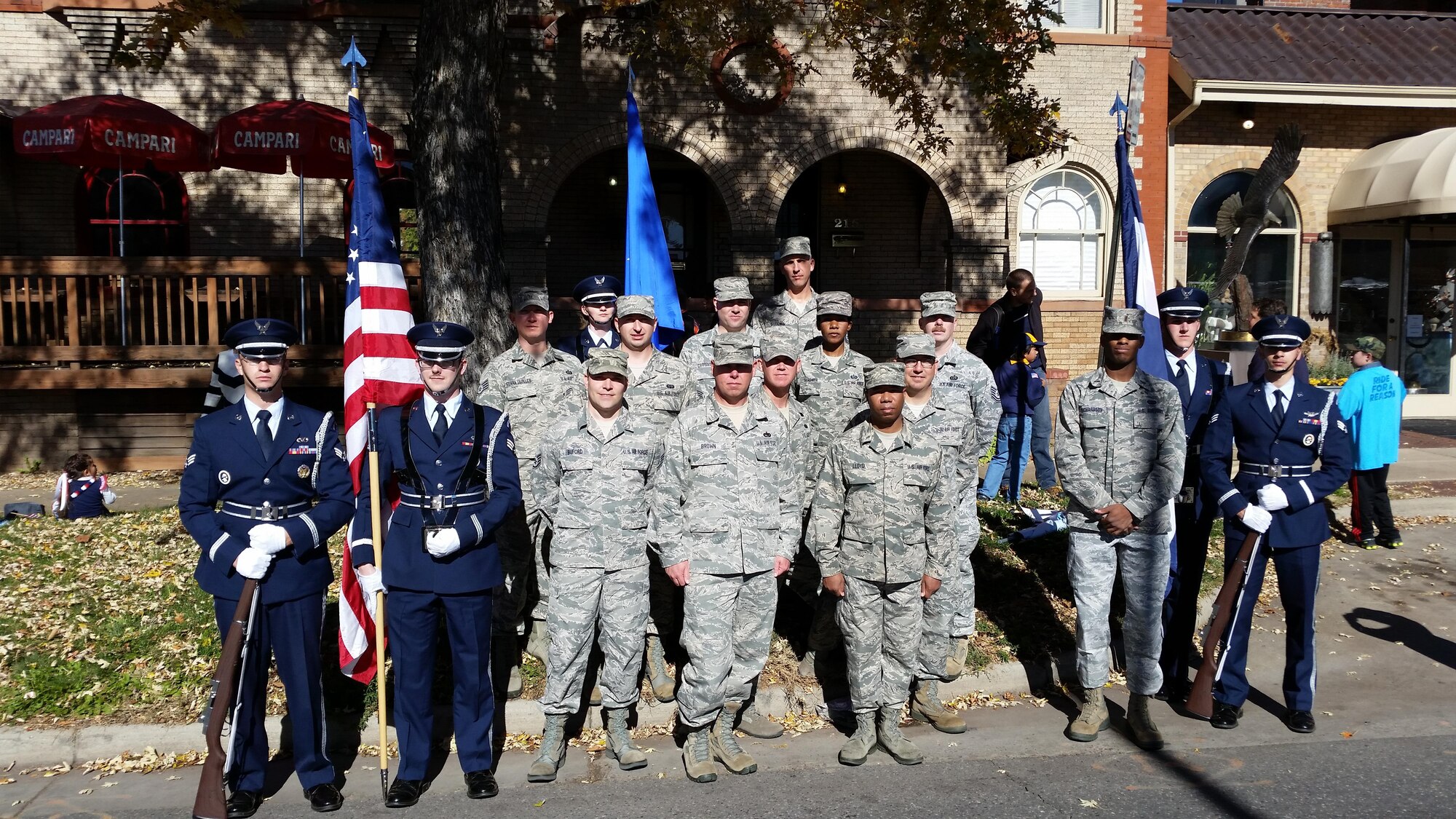 Several members from the Air Reserve Personnel Center on Buckley Air Force Base, Colo., marched during the Veterans Day Parade in Denver Nov. 8, 2015. They are: Master Sgt. Ronald Brown, Tech. Sgt. Kyle Carpenter, Tech. Sgt. Diaydra Gardner, Tech. Sgt. Willie Lloyd and Senior Airman Aleksey Lazarev. (U.S. Air Force courtesy photo)