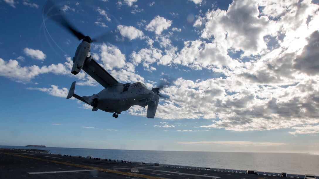 An MV-22B Osprey with Marine Medium Tiltrotor Squadron 162, 26th Marine Expeditionary Unit, takes-off aboard the amphibious assault ship USS Kearsarge Oct. 19, 2015. The 26th MEU is deployed to the 5th and 6th Fleet areas of responsibility serving as a sea-based expeditionary crisis response force capable of conducting amphibious operations across a full range of military operations.
