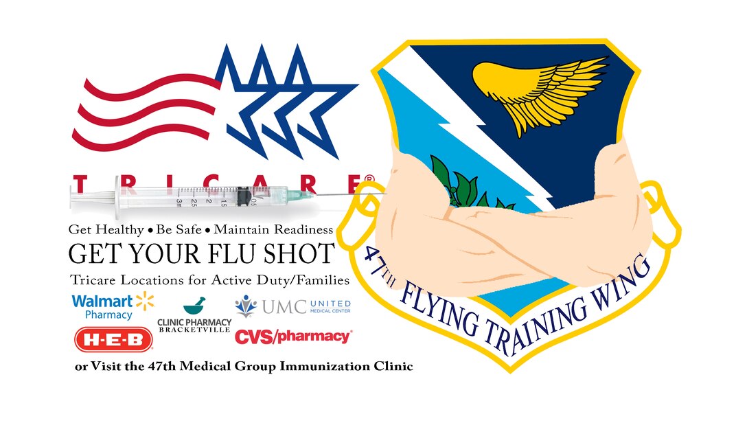 Military members, their families and retirees can visit the Immunization Clinic to receive free flu vaccines from 8:30 until 11:45 a.m. and 1 until 4 p.m. Monday through Friday. Additionally, these beneficiaries can also get free flu shots locally at Wal-Mart, CVS, United Medical Center and H-E-B in Del Rio and Clinic Pharmacy in Brackettville via TRICARE.(U.S. Air Force graphic by Tech Sgt. Steven R. Doty)