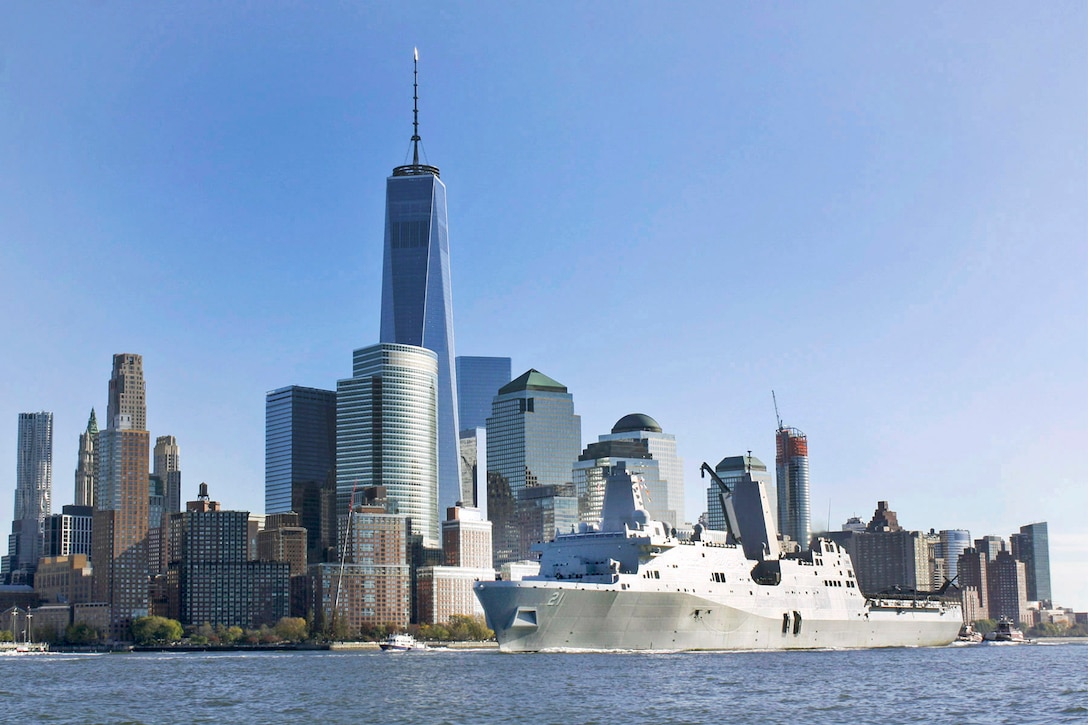 The USS New York transits the Hudson River in New York, Nov. 8, 2015, for participation in Veterans Week New York City to honor the service of all the nation’s veterans. The ship conducted training certification during its transit from its homeport in Mayport, Fla. U.S. Navy photo by Lt. Joseph Olivares
