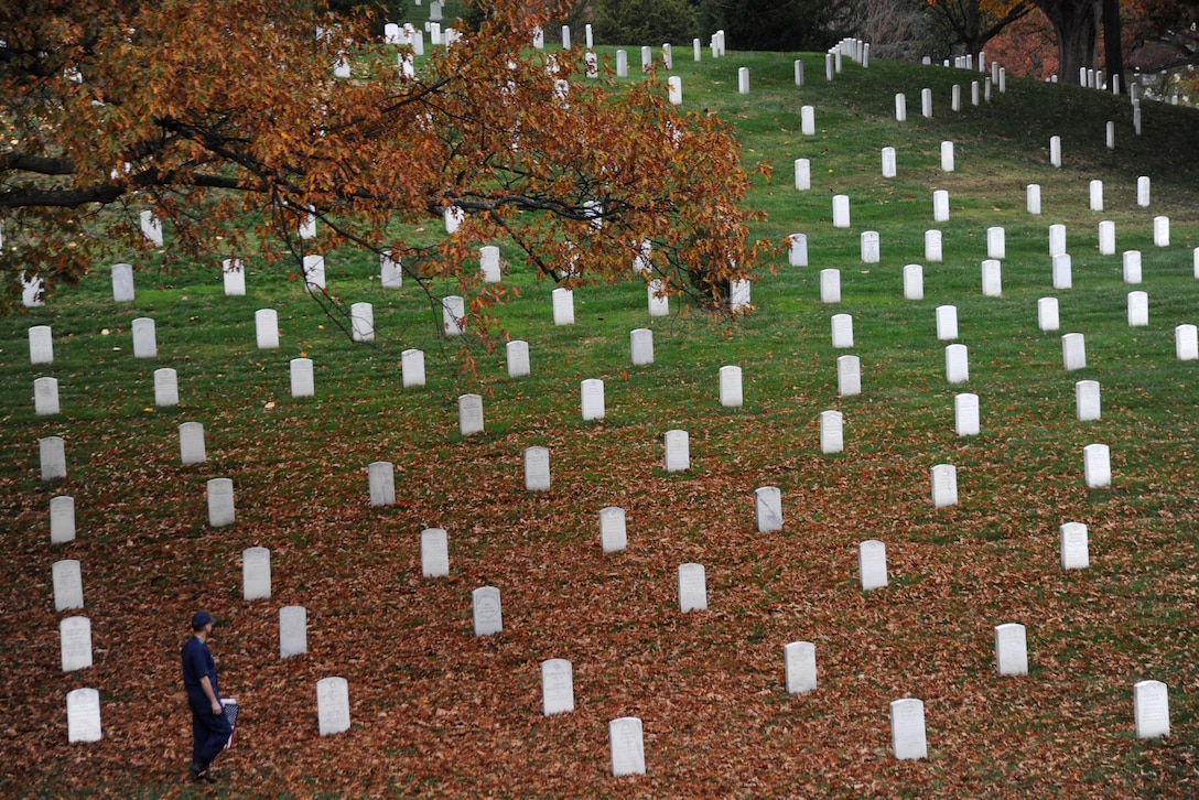 The vice commandant of the Coast Guard, Vice Adm. Charles D. Michel, walks through Arlington National Cemetery in Arlington, Va., Nov. 7, 2015. Michel was participating in the Coast Guard's Flags Across America event in which Coast Guard members, their families, friends and former members place Coast Guard flags and national ensigns on the graves of Coast Guardsmen ahead of Veterans Day. U.S. Coast Guard photo by Petty Officer 3rd Class Lisa A. Ferdinando