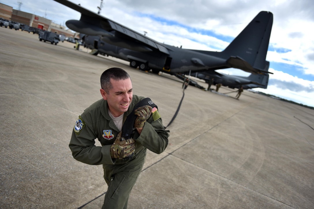 Air Force Tech. Sgt. Dave Rosante conducts refueling training at the Trent Lott Combat Readiness Training Center during Southern Strike 16 in Gulfport, Miss., Nov. 2, 2015. Rosante is assigned to the New York Air National Guard's 102nd Rescue Squadron, 106th Rescue Wing. New York Air National Guard photo by Staff Sgt. Christopher S. Muncy