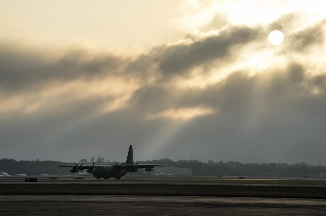 A HC-130 Hercules aircraft lands at the Trent Lott Combat Readiness Training Center during Southern Strike 16 in Gulfport, Miss., Nov. 5, 2015. The aircraft crew is assigned to the New York Air National Guard's 102nd Rescue Squadron, 106th Rescue Wing. New York Air National Guard photo by Staff Sgt. Christopher S. Muncy.