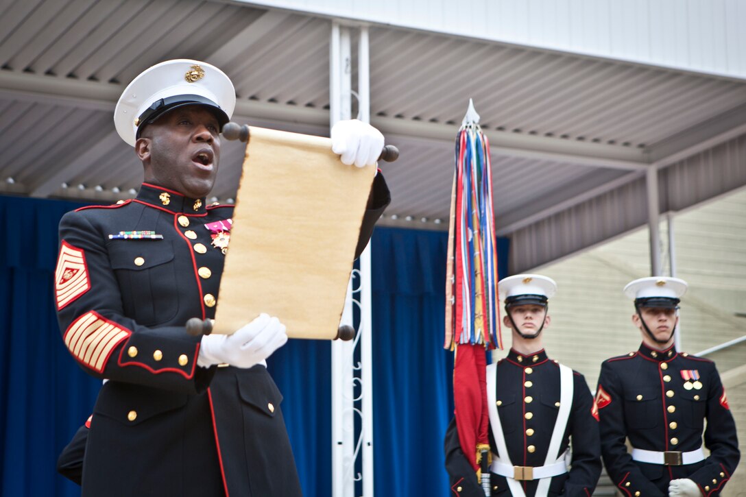 The 18th Sergeant Major of the Marine Corps, Ronald L. Green, reads Gen. John A. Lejeune's Birthday Message during the Pentagon Cake Cutting Ceremony hosted by the Commandant of the Marine Corps, Arlington, VA, Nov. 9, 2015.  The ceremony was held in honor of the 240th Birthday of the United States Marine Corps. (U.S. Marine Corps photo by Sgt. Melissa Marnell, Office of the 18th Sergeant Major of the Marine Corps/Released)