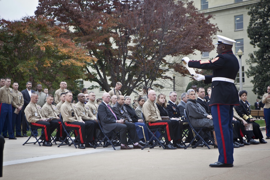The 18th Sergeant Major of the Marine Corps, Ronald L. Green, reads Gen. John A. Lejeune's Birthday Message during the Pentagon Cake Cutting Ceremony hosted by the Commandant of the Marine Corps, Arlington, VA, Nov. 9, 2015.  The ceremony was held in honor of the 240th Birthday of the United States Marine Corps. (U.S. Marine Corps photo by Sgt. Melissa Marnell, Office of the 18th Sergeant Major of the Marine Corps/Released)