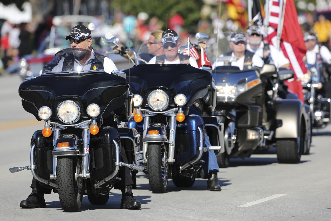 Members of Rolling Thunder participate in the 20th Annual Veterans Day Parade in Jacksonville, N.C., Nov. 7, 2015. The  parade allowed veterans, service members and residents of Jacksonville to show support for members of the armed forces. U.S. Marine Corps photo by Staff Sgt. Neill A. Sevelius