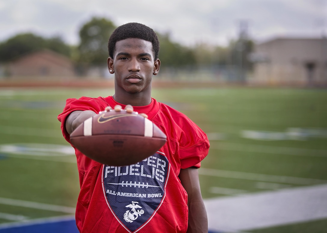 Parrish Cobb, football player for La Vega High School, was selected to play in the Semper Fidelis All-American Bowl airing Jan. 3, 2016. Players selected are well-rounded individuals, not only are they distinguished athletes, but also have academic achievements and display exemplary moral characteristics. (U.S. Marine Corps photo by Sgt. Rebecca Eller)