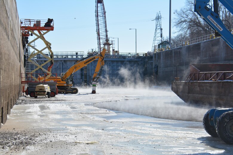 FOUNTAIN CITY, Wis. - A U.S. Army Corps of Engineers, St. Paul District, maintenance and repair crew make vital repairs to Lock and Dam 5A, during winter maintenance at the lock, near Minnesota City, Minnesota, Feb. 19. The district performs this type of maintenance approximately every 20 years.