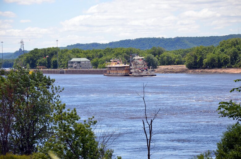 The U.S. Army Corps of Engineers Dredge William A. Thompson approaches Lock and Dam 5A, as it makes its way down the Upper Mississippi River for the last time June 12. After more than 80 years of service with the Corps, the Thompson will retire in Prairie du Chien, Wis.
