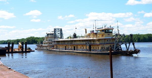 The Dredge William A. Thompson leaves the U.S. Army Corps of Engineers service base in Fountain City, Wis., for the last time June 12. The Thompson’s new home will be with the Community Development Alternatives, Inc., in Prairie du Chien, Wis.
