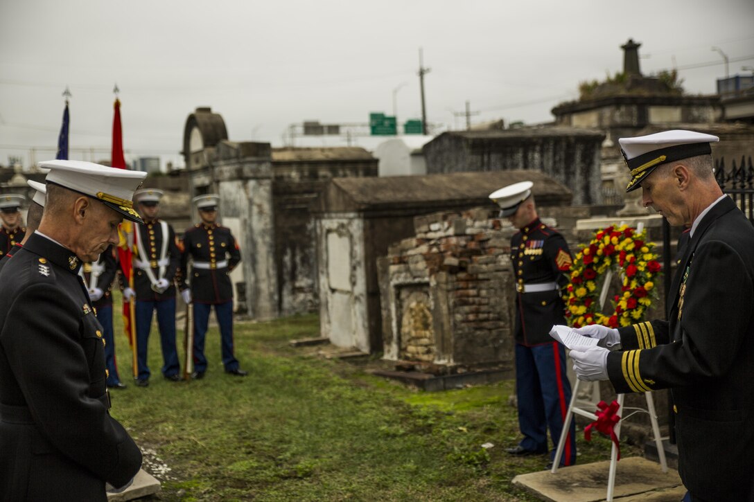 Marines of Marine Forces Reserve honored Maj. Daniel Carmick Nov. 9, 2015, for his role in the Battle of New Orleans as well as his Marine Corps service. Each year MARFORRES holds a wreath laying ceremony at Carmick’s gravesite. Carmick commanded Marines and local militia men in the Battle of New Orleans during the War of 1812 and established the Marine Corps nickname leatherneck. 
