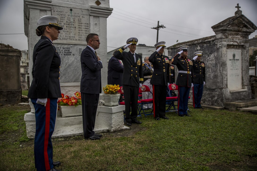 Marines of Marine Forces Reserve honored Maj. Daniel Carmick Nov. 9, 2015, for his role in the Battle of New Orleans as well as his Marine Corps service. Each year MARFORRES holds a wreath laying ceremony at Carmick’s gravesite. Carmick commanded Marines and local militia men in the Battle of New Orleans and would have been the Commandant of the Marine Corps had he survived the War of 1812. 