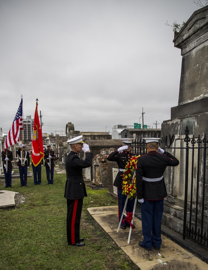 Marines of Marine Forces Reserve honored Maj. Daniel Carmick Nov. 9, 2015, for his role in the Battle of New Orleans as well as his Marine Corps service. Each year MARFORRES holds a wreath laying ceremony at Carmick’s gravesite. Carmick commanded Marines and local militia men in the Battle of New Orleans during the War of 1812 and established the Marine Corps nickname leatherneck. 