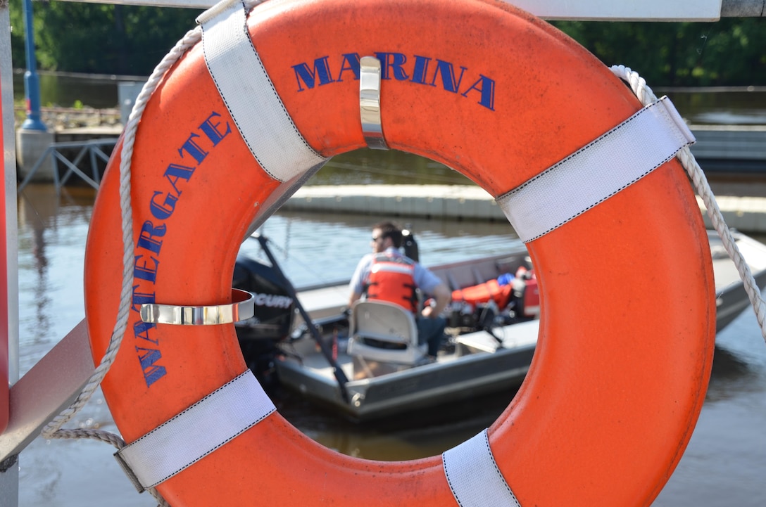 Aaron McFarlane, environmental, departs on a boat ride along the Mississippi RIver to research how fish behave around Lock and Dam 1 in Minneapolis June 7, 2012.