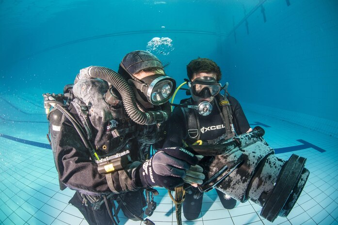 Explosive Ordnance Disposal (EOD) technician 2nd Class Andrew Dixon, right, assigned to EOD Mobile Unit (EODMU) 1, demonstrates the functions of the DNS-300 underwater sonar system to Republic of Korea Navy UDT/SEALs during Clear Horizon 2015 on Commander Fleet Activities Chinhae. Exercise Clear Horizon is an annual bilateral exercise between the U.S. and Republic of Korea navies that focus on increasing capabilities and coordination between ships, and aircraft in mine countermeasures in international waters surrounding the Korean peninsula. (U.S. Navy Combat Camera Photo by Mass Communication Specialist 2nd Class Daniel Rolston/RELEASED)