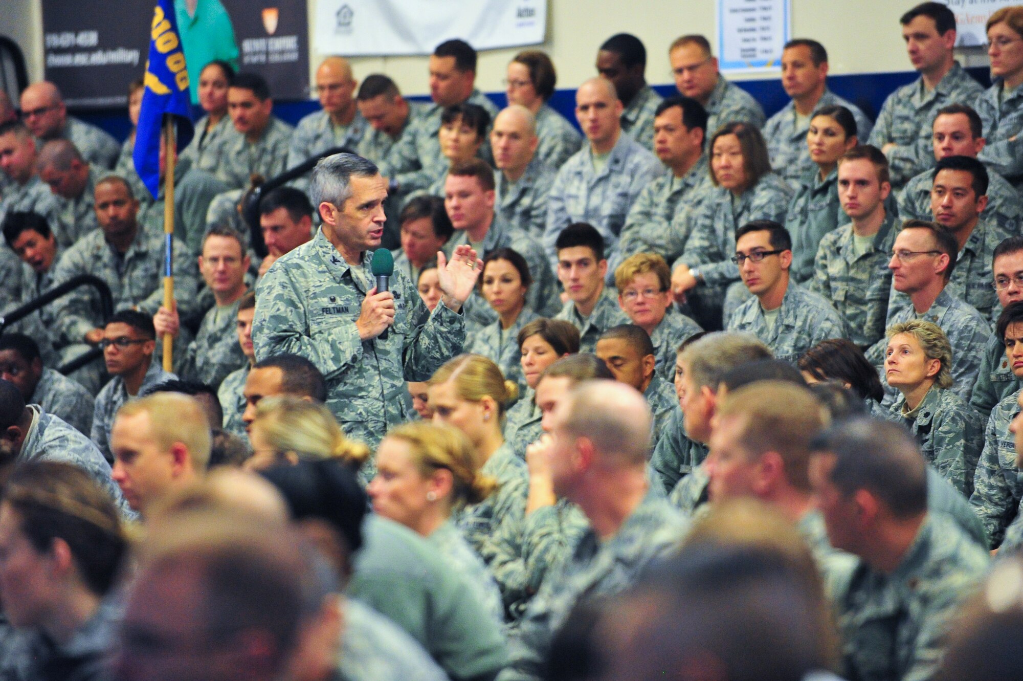 Air Force Reserve Col. Damon S. Feltman, 310th Space Wing commander, addresses his Airmen during a commander's call Nov. 7, 2015, at Schriever Air Force Base, Colo.
(U.S. Air Force photo/Tech. Sgt. Nicholas B. Ontiveros)