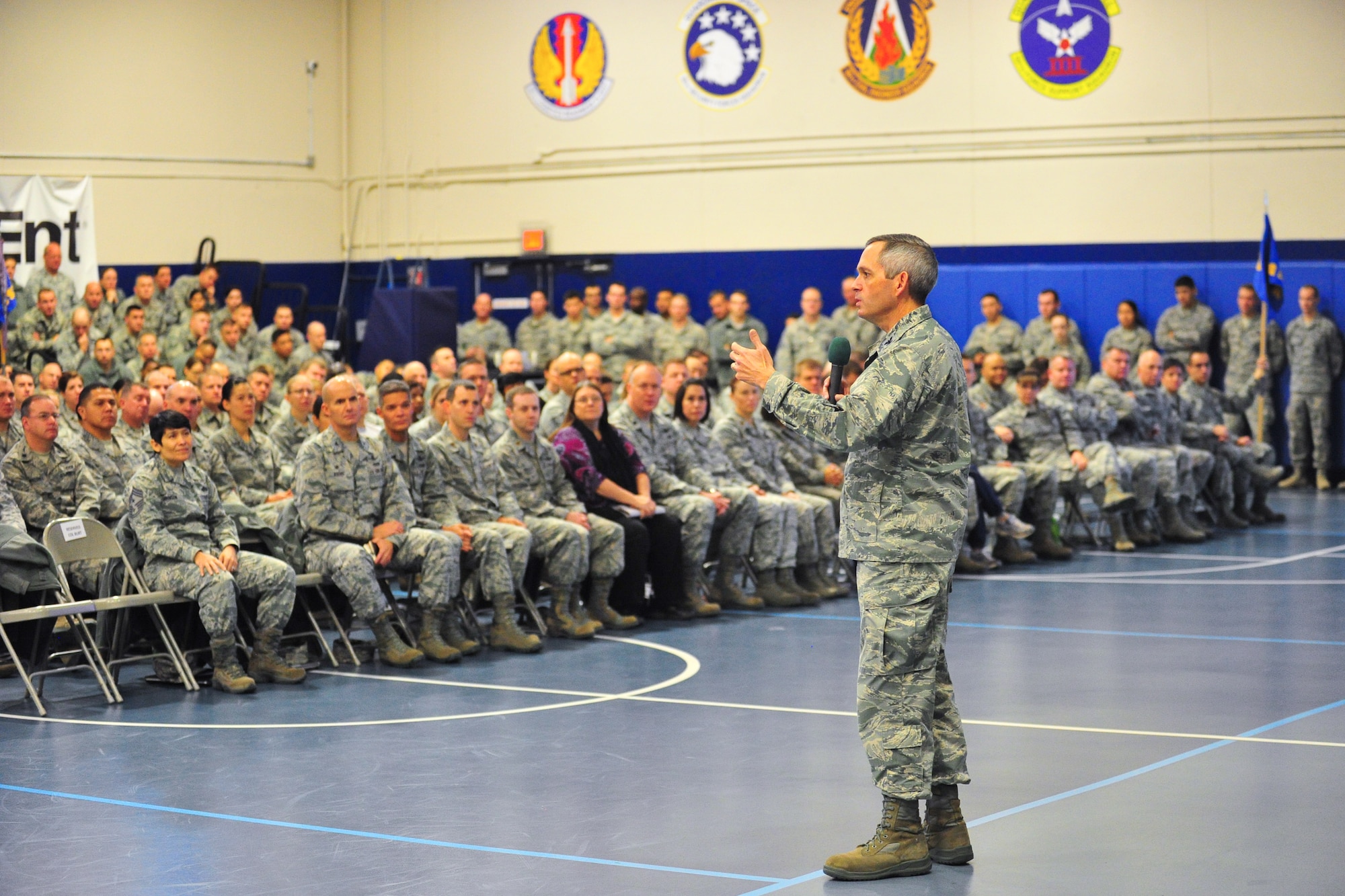 Air Force Reserve Col. Damon S. Feltman, 310th Space Wing commander, addresses his Airmen during a commander's call Nov. 7, 2015, at Schriever Air Force Base, Colo.
(U.S. Air Force photo/Tech. Sgt. Nicholas B. Ontiveros)