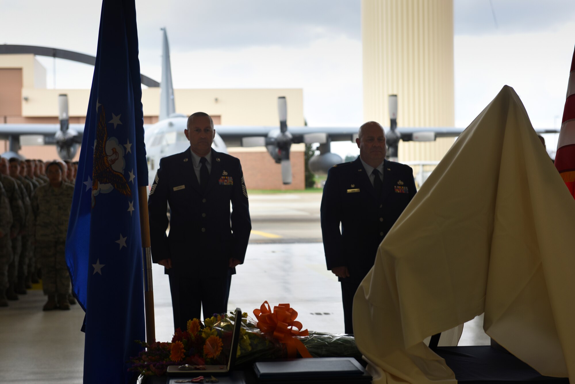 Chief Master Sgt. Terrance J. Keblish, superintendent of the 911th Maintenance Squadron, stands at attention in front of family, friends and fellow Airmen, at the Pittsburgh International Airport Air Reserve Station, Nov. 7, 2015. The chief retired after serving approximately 20 years with the 911th Airlift Wing, as well as, four years with the U.S. Marine Corps. Keblish is a seasoned Airman, having deployed multiple times in support of Operation Iraqi Freedom, Enduring Freedom, Combined Joint Task Force Horn of Africa, Coronet Oak and Joint Forge. (U.S. Air Force photo by Staff Sgt. Justyne Obeldobel)