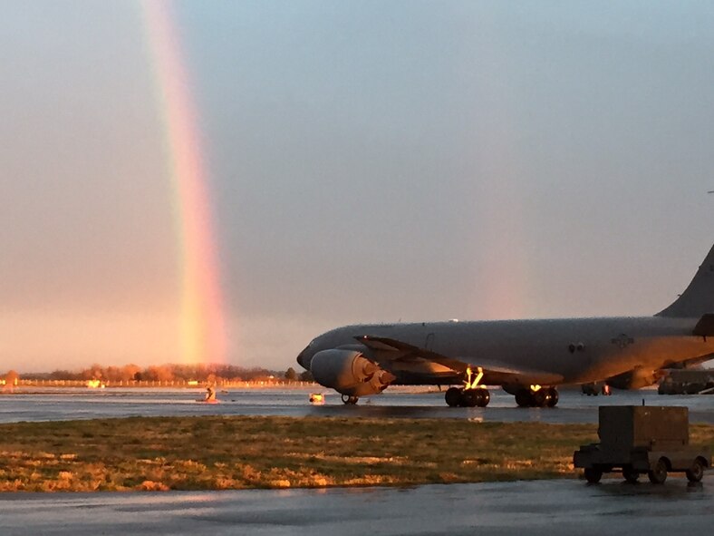 A rainbow arcs over the flight line Nov. 8th, 2015, at Fairchild Air Force Base, Wash.