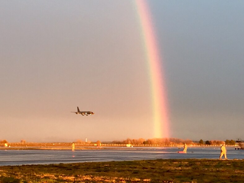 A rainbow arcs over the flight line Nov. 8th, 2015, at Fairchild Air Force Base, Wash.