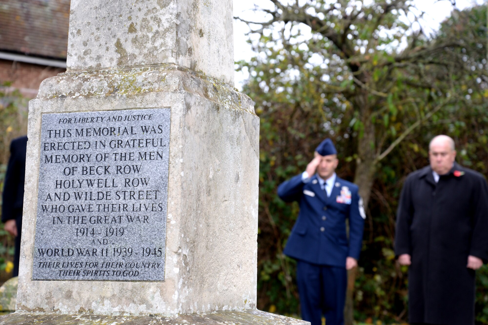 A war memorial honors fallen military members during a Remembrance Day ceremony Nov. 8, 2015, in Beck Row, Suffolk, England. Remembrance Day is annually observed in November to commemorate the sacrifices of service members for all armed conflicts. (U.S. Air Force photo by Senior Airman Kate Thornton/Released)