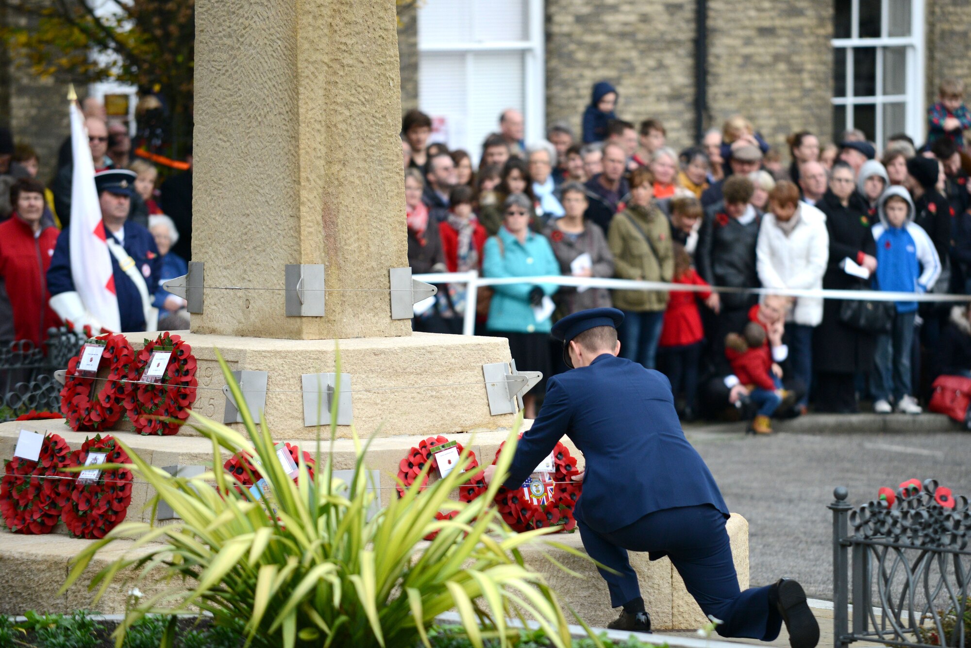 U.S. Air Force Col. John Howard, 100th Air Refueling Wing vice commander, lays a wreath during a Remembrance Day ceremony Nov. 8, 2015, in Bury St. Edmunds, England. Remembrance Day is held annually in November to honor members of the armed forces who have died in the line of duty. (U.S. Air Force photo by Staff Sgt. Richard Ware/Released)