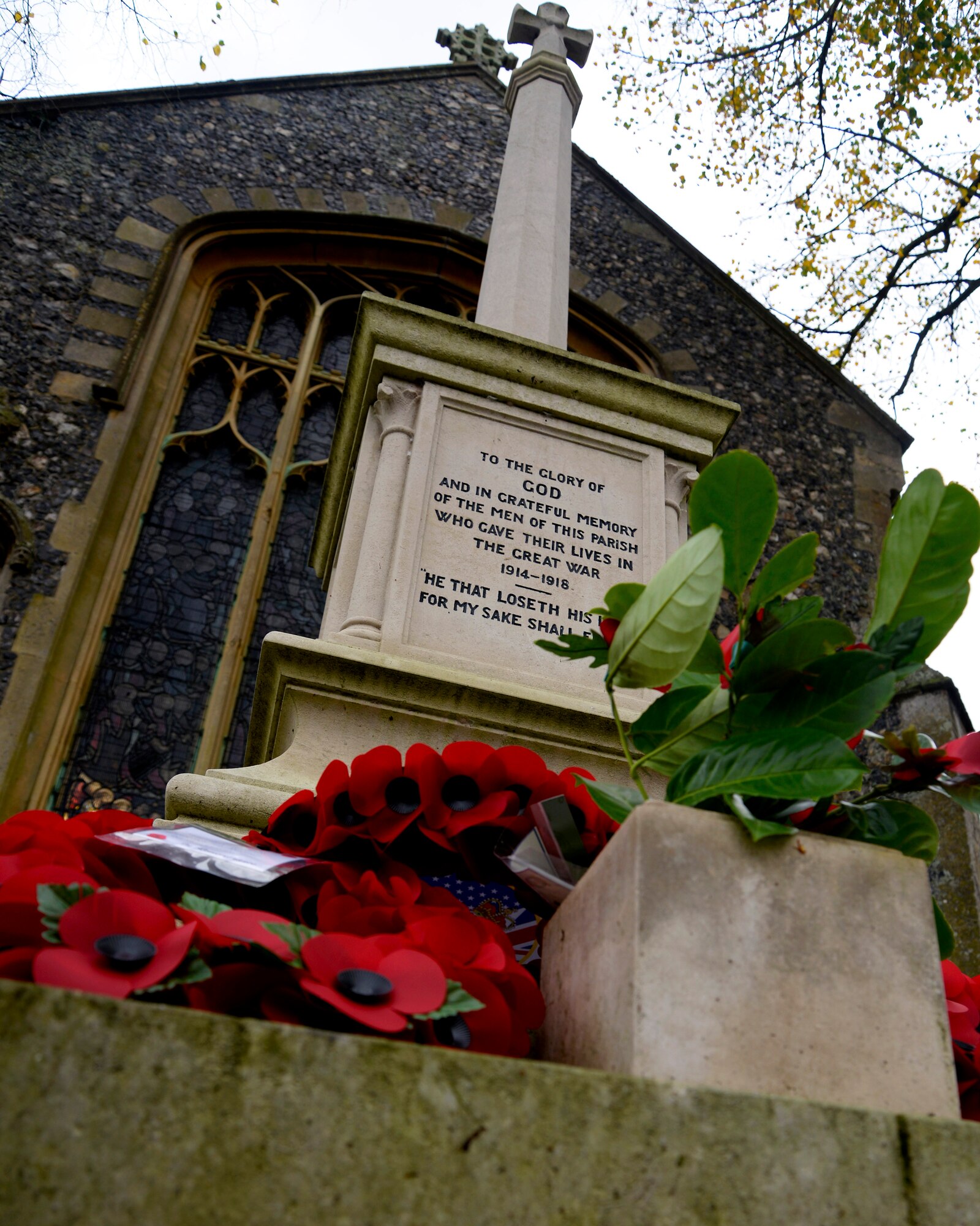 Wreaths lie at the foot of a memorial after a Remembrance Day ceremony Nov. 8, 2015, in Dickleburgh, England. The event began with a parade consisting of members of the Royal British Legion, U.S. Air Force Airmen and several local scout troops. (U.S. Air Force photo by Senior Airman Victoria H. Taylor/Released)