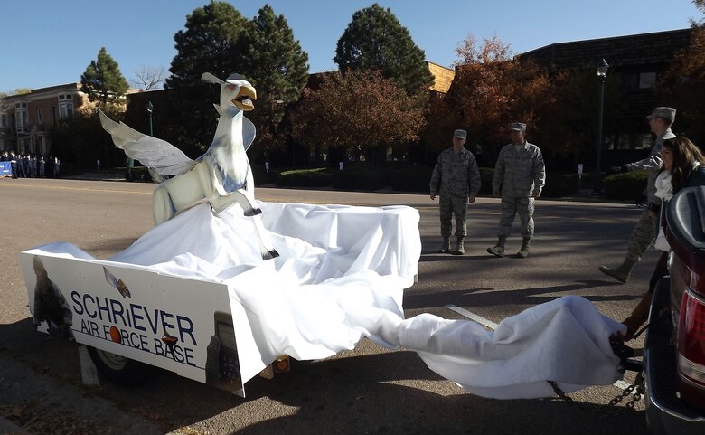 The 50th Space Wing’s Veterans Day float was stored in the 50th Civil Engineering workshop until its reveal at the Veteran's Day Parade Saturday, Nov. 7 in Colorado Springs, Colorado. (Courtesy photo)