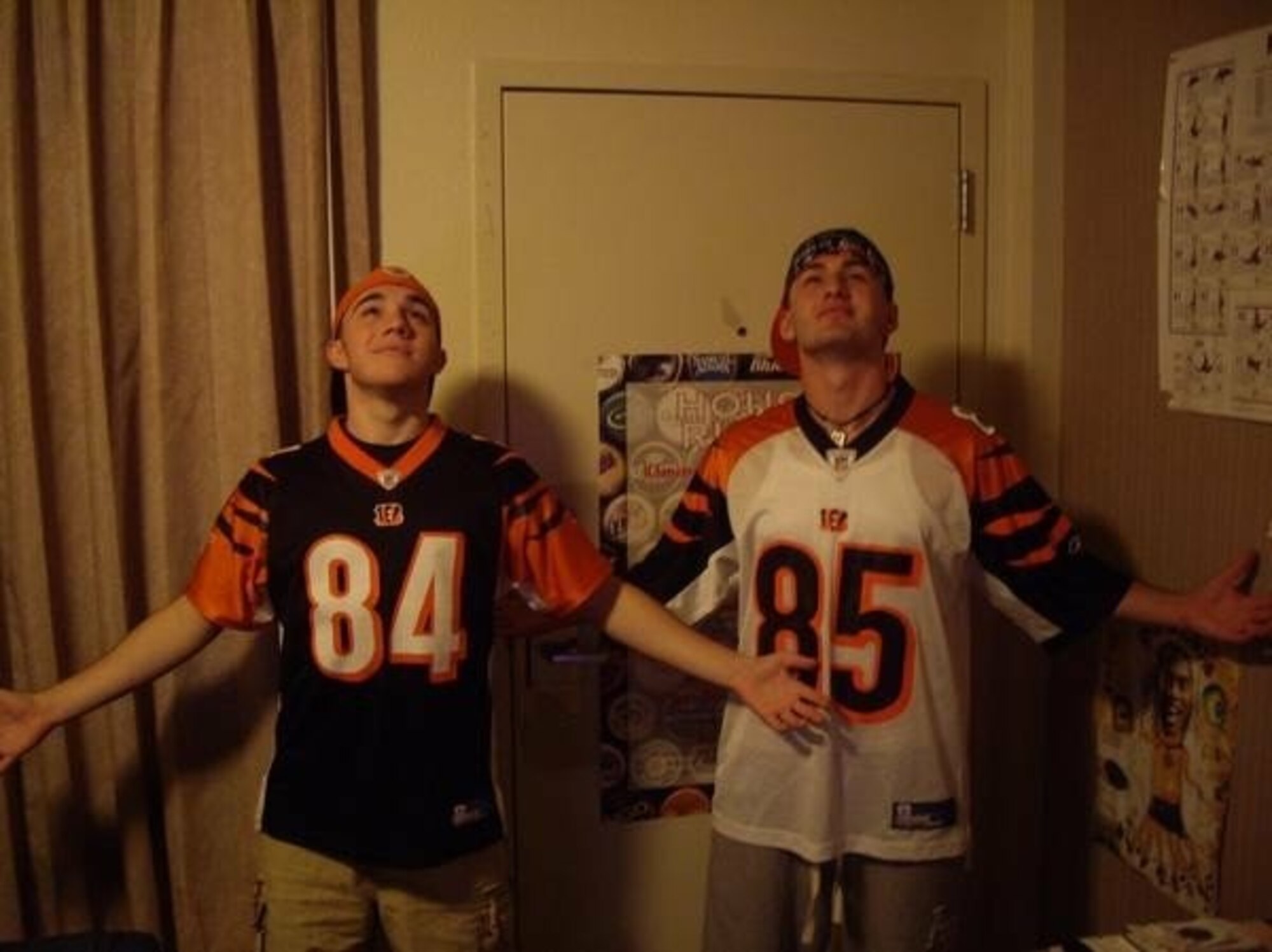 BEALE AIR FORCE BASE, Calif. – Tech Sgt. Evan List and Staff Sgt. Darko Desancic, now with the 21st Security Forces Squadron at Peterson Air Force Base, Colo., are die hard supporters of their home team, the Cincinnati Bengals. List was born and raised in Independence, Ky., just south of Cincinnati, Ohio, while Desancic was born in Bosnia, but grew up in Independence. They have been best friends since they met in the sixth grade and with some luck, have been stationed together for their first nine years in the Air Force. (Courtesy photo)