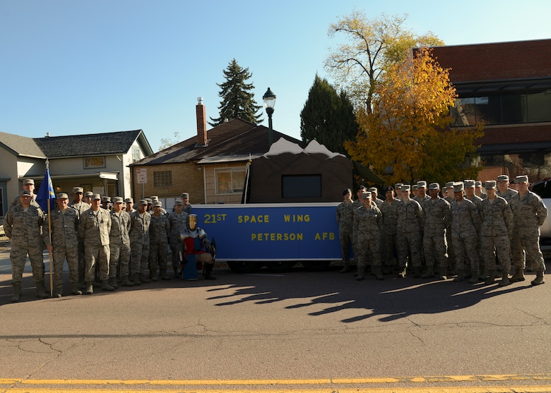 COLORADO SPRINGS, Colo. – Members of the 21st Space Wing, including Mike the Knight, participated in the 16th Annual Colorado Springs Veterans Day parade Nov. 7, 2015. The parade proceeded south on Tejon Street, starting at St. Vrain Street and ending at Vermijo Avenue. (U.S. Air Force photo by Tech. Sgt. Jared Marquis)