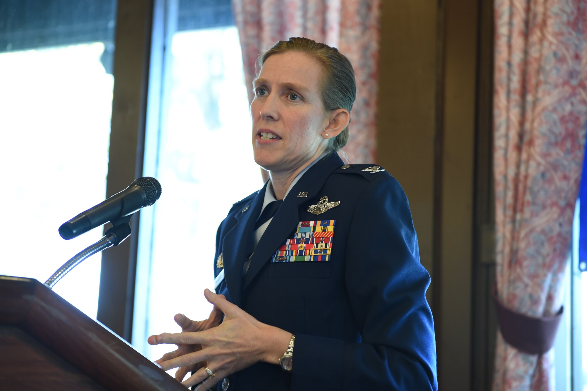 Col. Julie Grundahl, Joint Base Andrews/11th Wing vice commander gives remarks at the Veteran’s History Project reception at JBA, Md., Nov. 06, 2015. The project archives American veteran interviews speaking about the realities of war for future generations to research from. (U.S. Air Force photo/Senior Airman Joshua R. M. Dewberry)