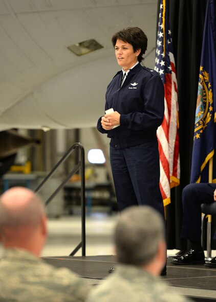 New Hampshire Air National Guard Chief of Staff Brig. Gen. Laurie Farris speaks to members of the 157th Air Refueling Wing and other invited guests following her promotion to brigadier general in Hanger 254 here Nov. 7, 2015. As chief of staff to the N.H. Air National Guard commander, Farris is responsible for the direction and coordination of staff activities for Joint Force Headquarters. (U.S. Air National Guard photo by Senior Airman Kayla McWalter)