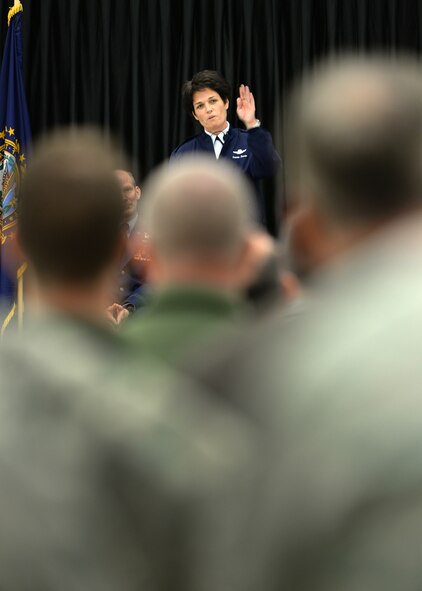Brigadier Gen. Laurie Farris, New Hampshire Air National Guard chief of staff, speaks to members of the 157th Air Refueling Wing and other invited guests during her promotion ceremony in Hangar 254 on base Nov. 7. Farris joined the N.H. ANG in 1995. She has served as a KC-135 instructor and evaluator pilot, flight commander and 133rd Air Refueling Squadron commander. She most recently served as the director of Operations, Joint Force Headquarters. (U.S. Air National Guard photo by Senior Airman Kayla McWalter)