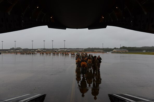 Approximately 200 members from U.S. Army?s 82nd Airborne?s Division partnered with 18th Air Force?s Joint Base Charleston, S.C., C-17 Globemaster III crews for a practice jump over Pope Air Force Base, N.C., Nov. 2, 2015 in preparation for Exercise Ultimate Reach Nov. 2-8 in Spain. Ultimate Reach is an annual U.S. Transportation Command-sponsored live-fly exercise designed to exercise the ability of 18th Air Force?s transportation units to plan and conduct strategic airdrop missions. This year?s rendition of Ultimate Reach partners with NATO Exercise Trident Juncture, which is currently being held throughout locations in Europe. The exercise serves to enhance the 18th Air Force?s interoperability and partnership with NATO allies and sister services. (U.S. Air Force photo by Senior Airman Christopher Reel/ not reviewed)
