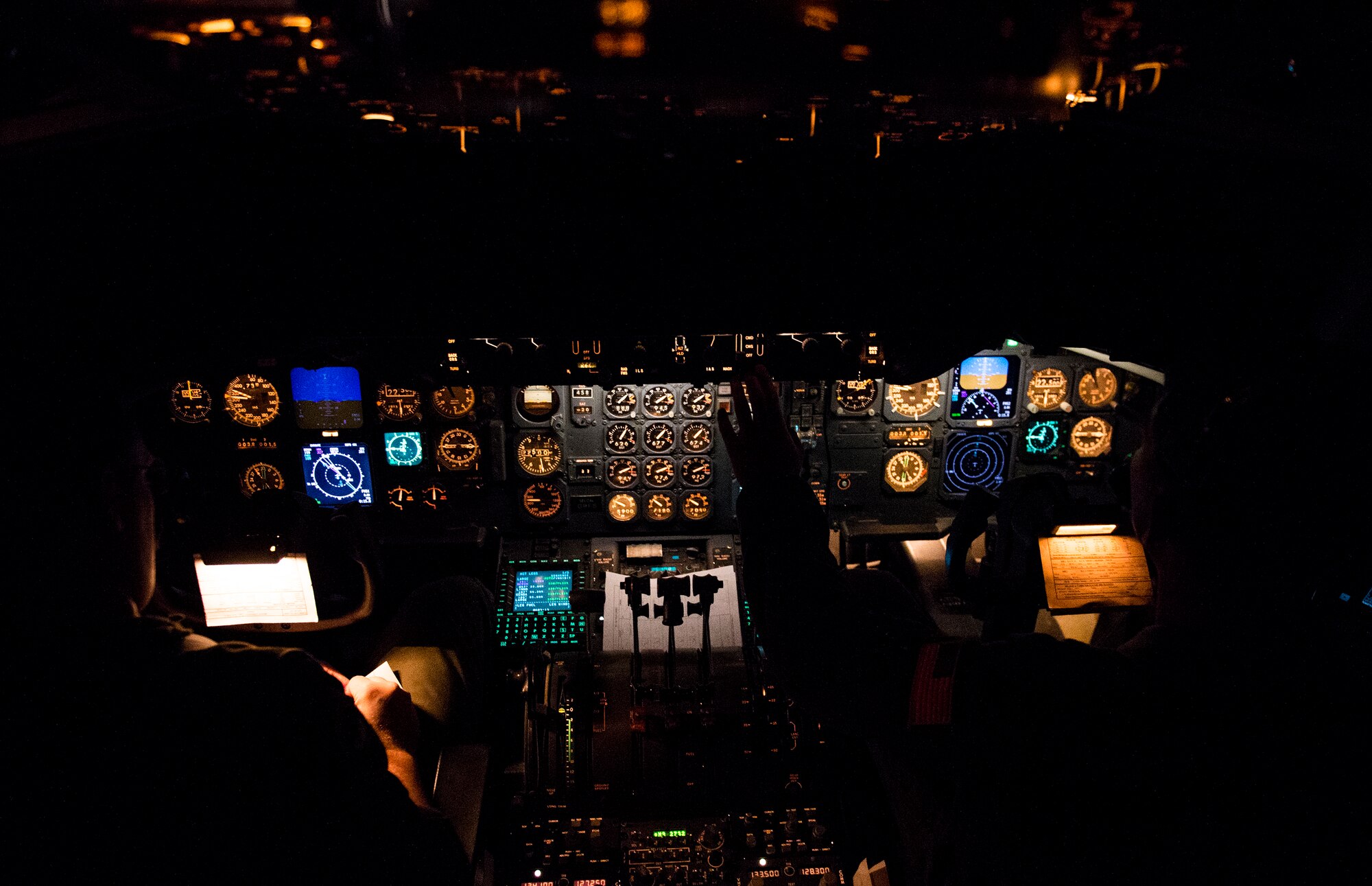 U.S. Air Force Capt David Reed and Capt Justin North, 32d Air Refueling Squadron KC-10 Extender pilots, fly a KC-10 while preparing to refuel a C-17 Globemaster III over the Atlantic Ocean during Trident Juncture 2015, 3 Nov. 2015. Without the refueling capability of the KC-10, the C-17s would not have enough fuel to make it all the way to Spain from the U.S. (U.S. Air Force photo by SSgt Douglas Ellis/released)