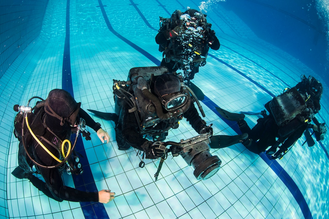 U.S. Navy Petty Officer 3rd Class Aaron Ainley, left, supervises the use of the DNS-300 underwater sonar system to South Korean navy SEALs during Exercise Clear Horizon 2015 on Commander Fleet Activities Chinhae, South Korea, Nov. 5, 2015. Ainley is an explosive ordnance disposal technician assigned to Mobile Unit 1. U.S. Navy photo by Petty Officer 2nd Class Daniel Rolston