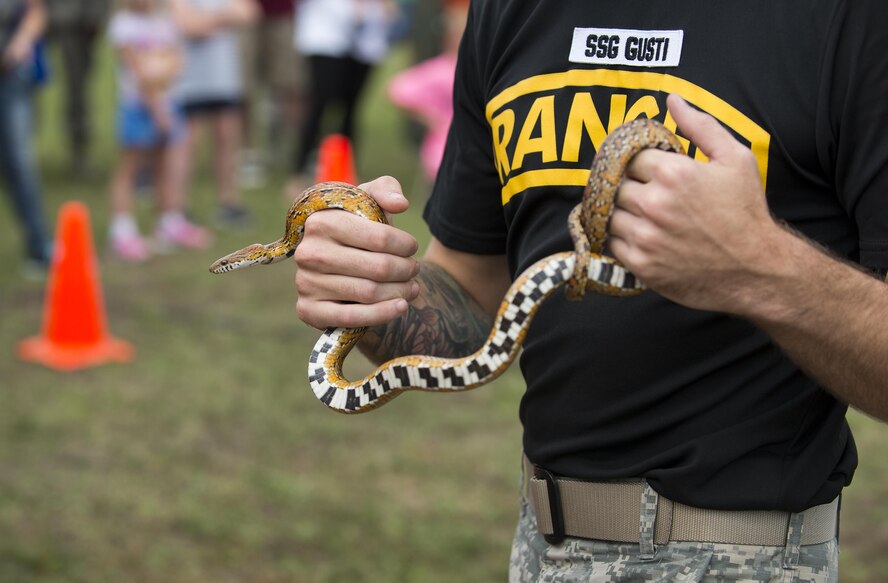 Staff Sgt. Gusti, 6th Range Training Battalion, shows the crowd a nonvenomous snake during the Duke Field Wing Day event Nov. 7.  The 919th Special Operations Wing sets aside a special day each year to show appreciation for its reservists and their family members. Events included music, sports, children’s games, etc. (U.S. Air Force photo/Tech. Sgt. Jasmin Taylor)